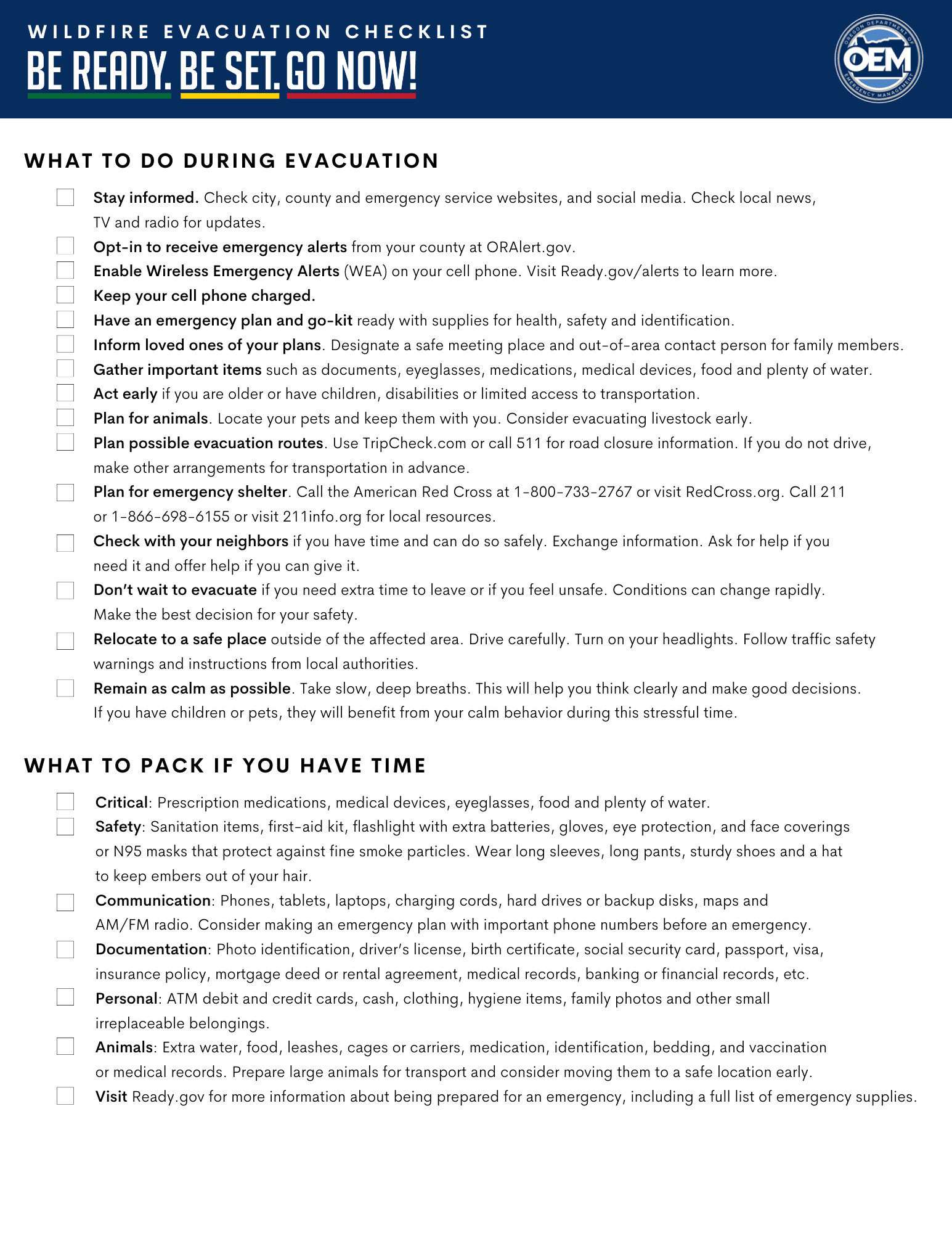Evacuation Checklist