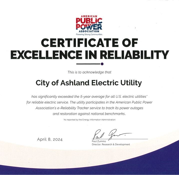 Certificate of Excellence presented by the American Public Power Association 