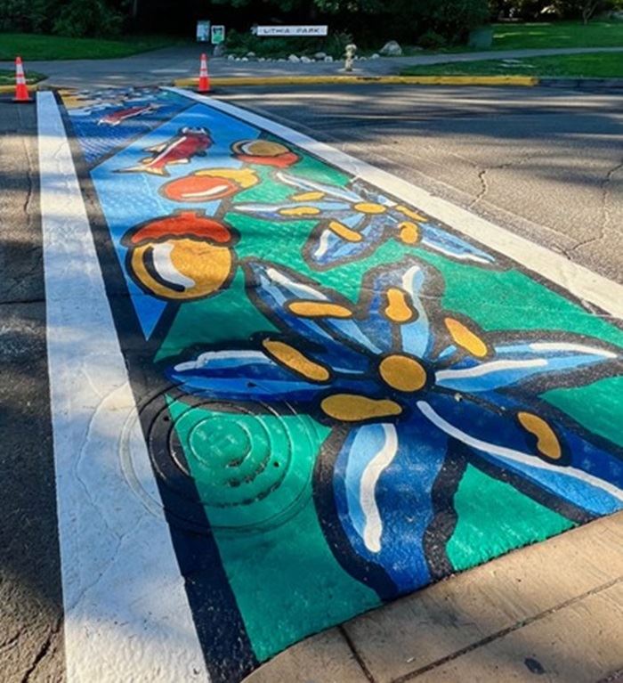 Lithia Art, Cross Walk - View of the entrance of Lithia Park with artwork/crosswalk in foreground