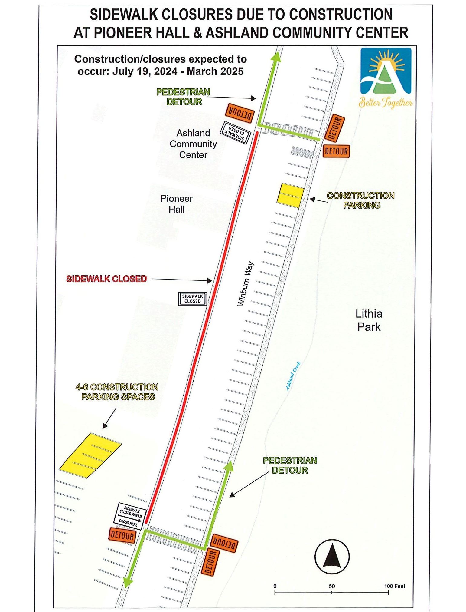Pioneer Hall Community Center Sidewalk Closure Map