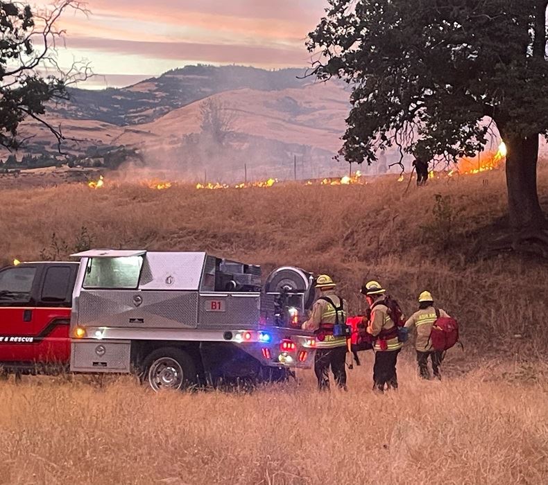 Grass fire being put out by first responders. 
