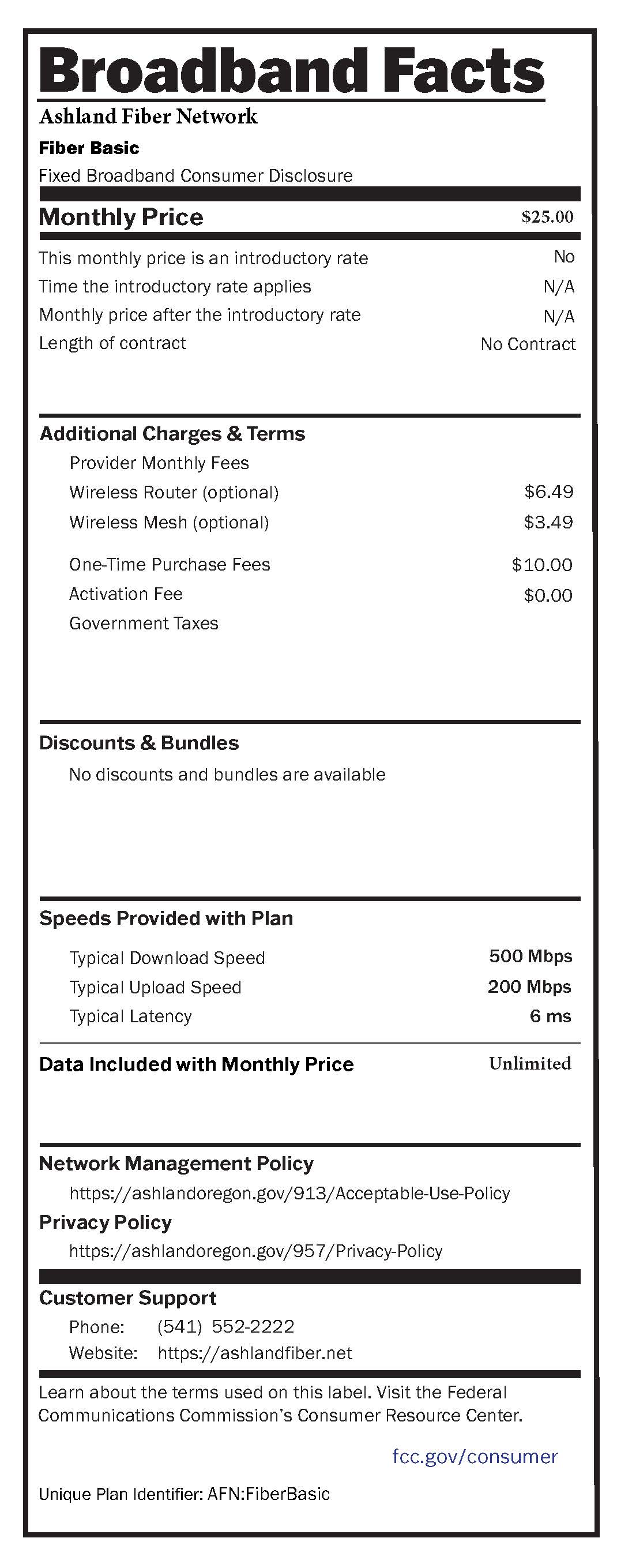 AFN FiberBasic Broadband Label