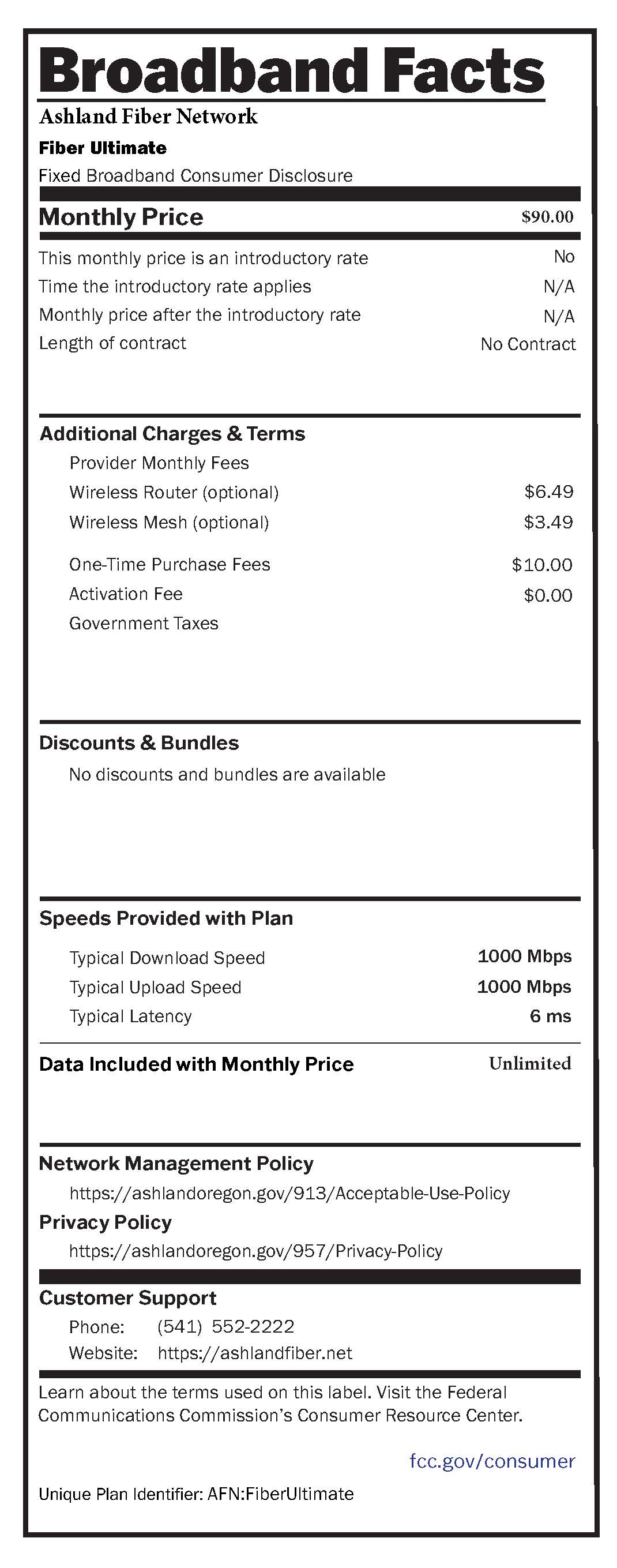 AFN FiberUltimate Broadband Label