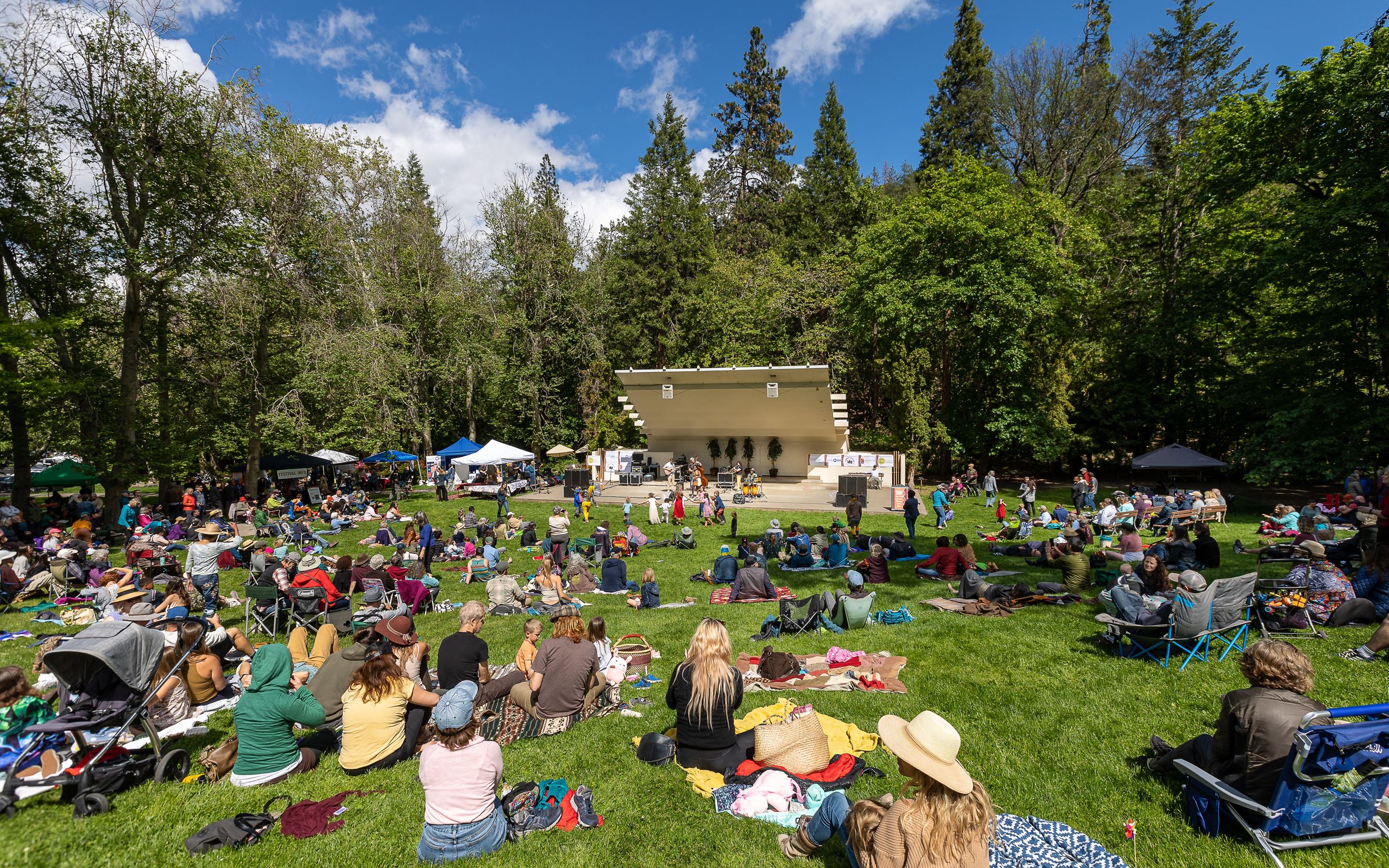 People sitting on a lawn in front of a banshell 