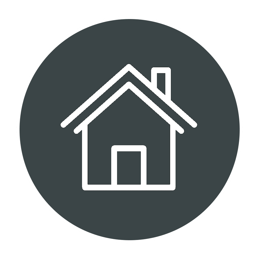 Grey circular background with a white outline of a home