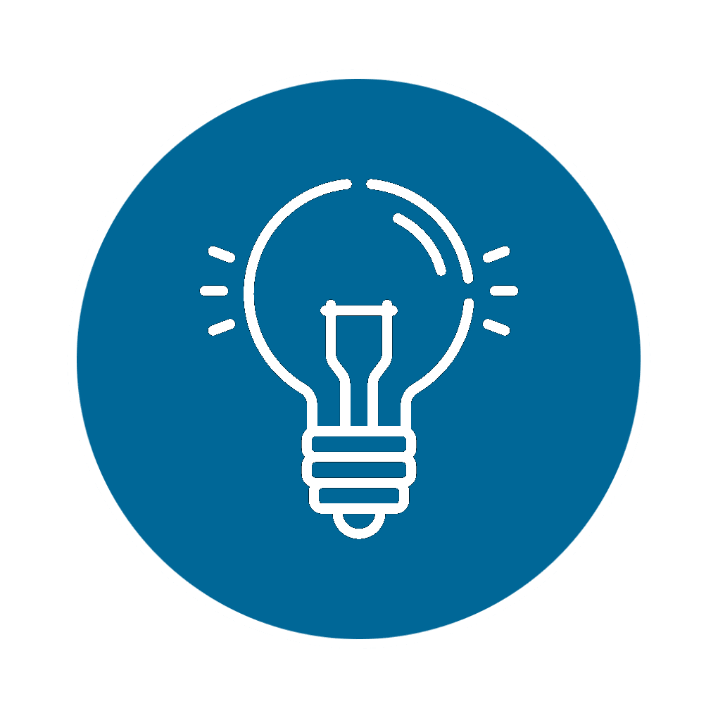 Blue circular background with a while outline of a lightbulb 