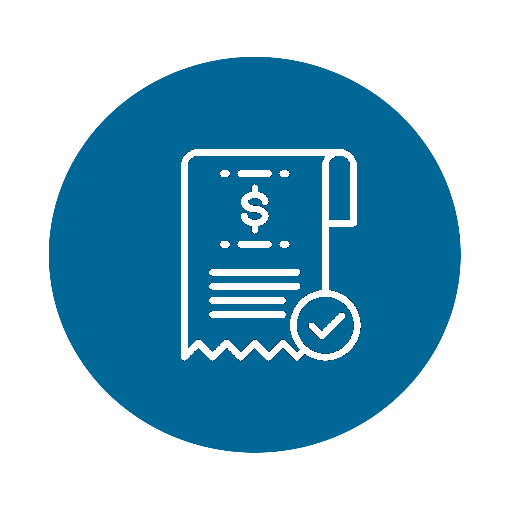 Blue circular icon with a white bill icon in the center