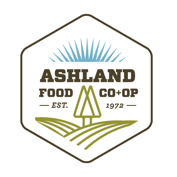Ashland Food Co-Op Logo Est 1972 showing a stylized field with trees and blue sun rays