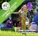 Program guide cover featuring a girl blowing bubbles and subheading Parks Events are for Everyone. 