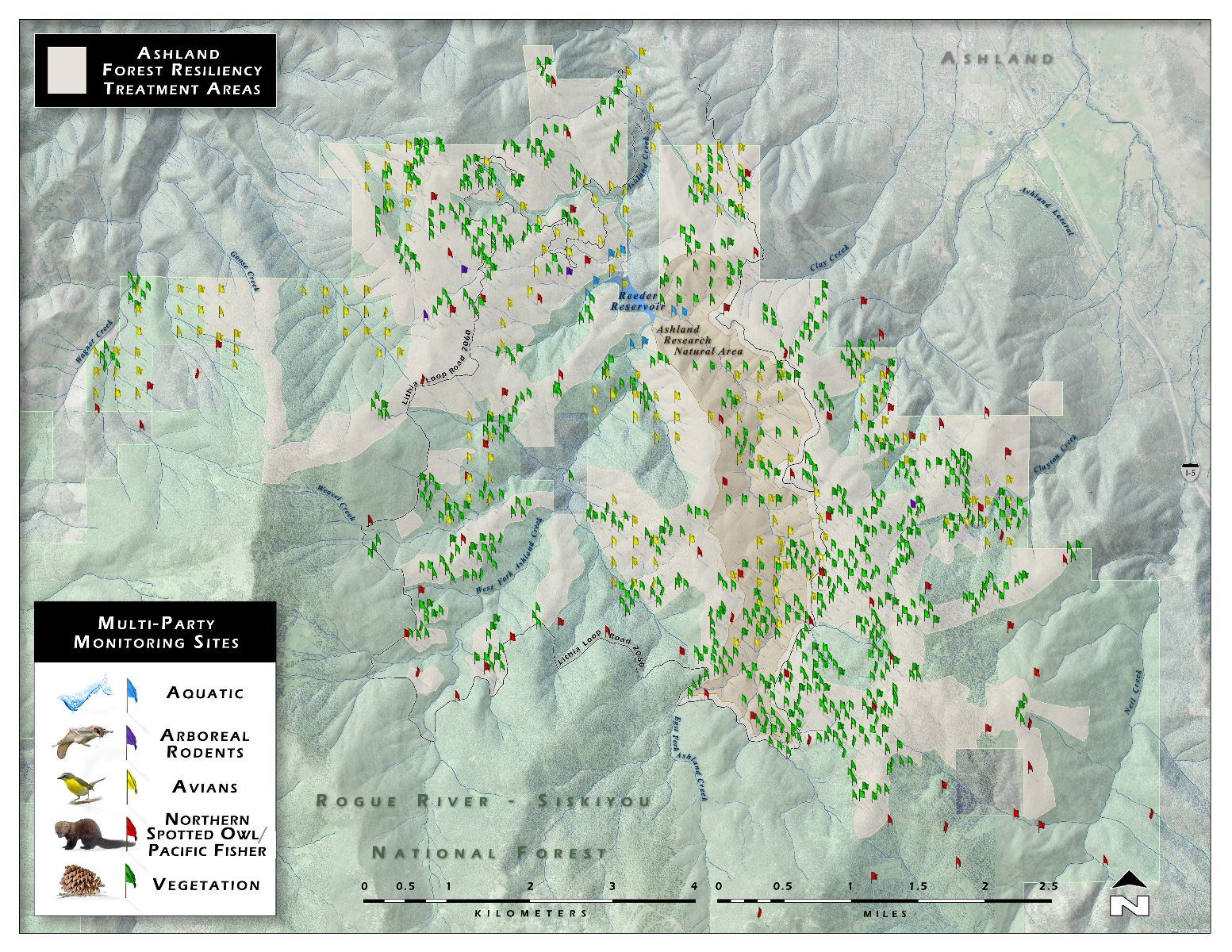 A map of sites where wildlife, water, and vegetation are monitored